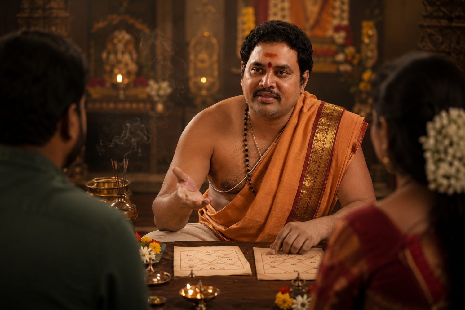 Sharma garu advising a couple with their horoscope charts