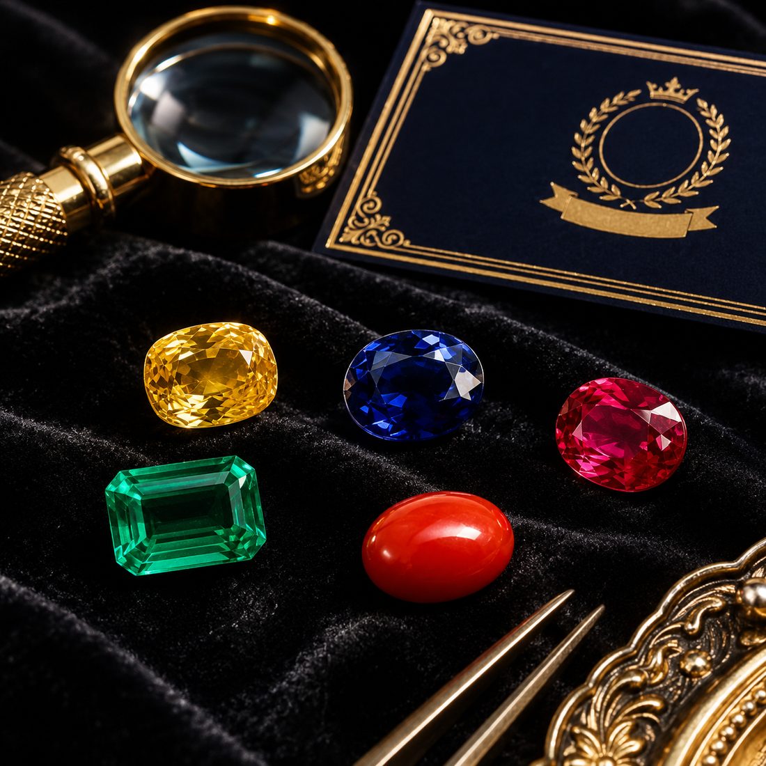 Certified Vedic gemstones: yellow sapphire, blue sapphire, ruby, emerald and red coral
