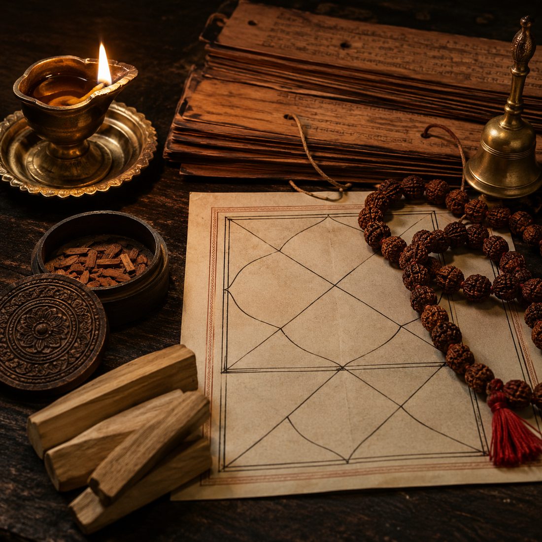 Ancient palm-leaf manuscripts beside a hand-drawn kundali chart and rudraksha mala