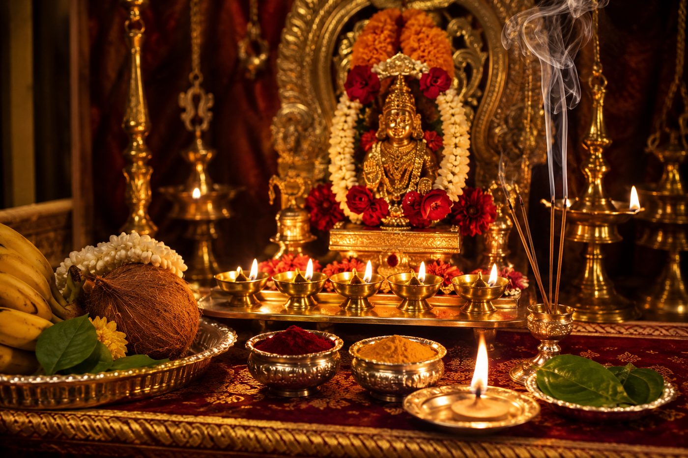 A traditional puja setup with a garlanded deity, brass lamps, kumkum and offerings