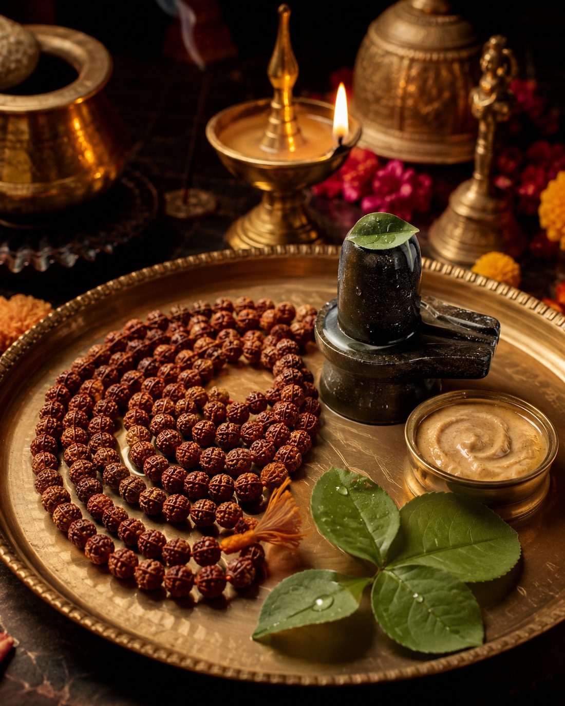 Genuine Rudraksha mala on a brass plate with Shiva lingam