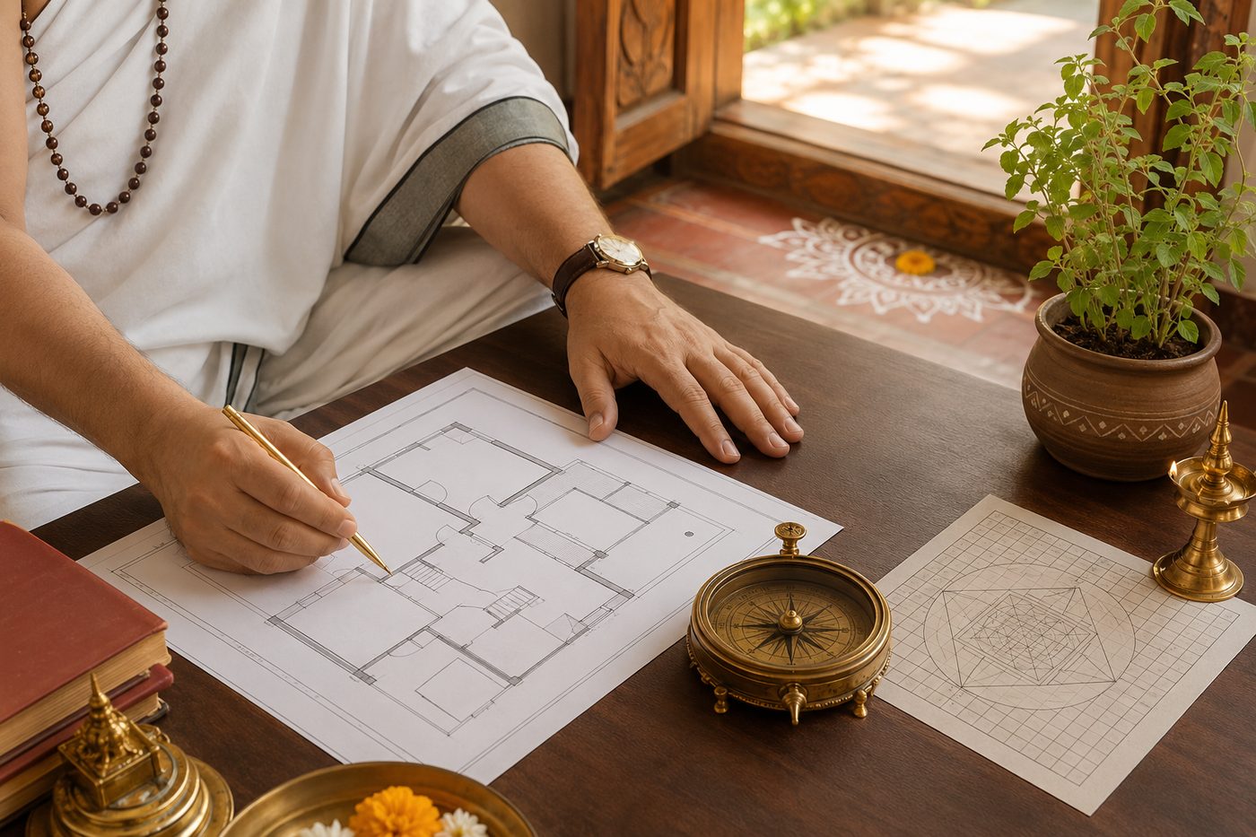 Vaastu consultation reviewing a home floor plan with a directional compass